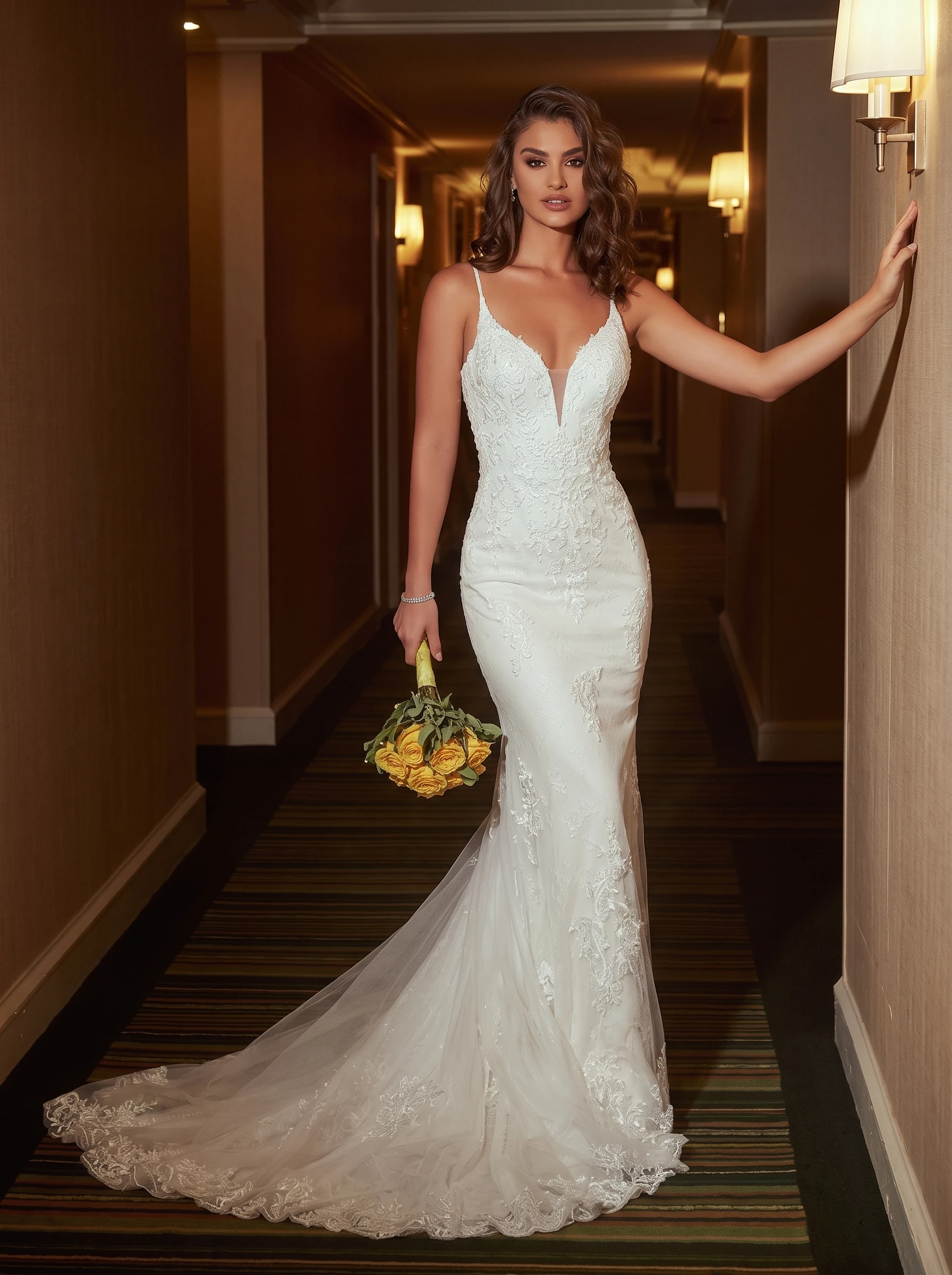 Spaghetti Strap V-Neck Lace Mermaid Wedding Dress with Sheer Tulle Train & Scalloped Hem Bridal Gown