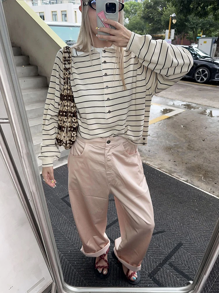 

Женская свободная длинная футболка-футболка с воротником в полоску, базовый слой irt для поездок на работу, креативный узор, хлопок, увлажняющий ng