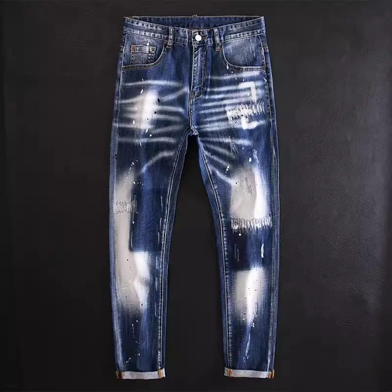 High Street Fashion Split Heren Gewassen Blauwe Jeans Retro Elastische Slim Fit Jeans Heren Retro Designer Jeans Potlood Broek Hombre