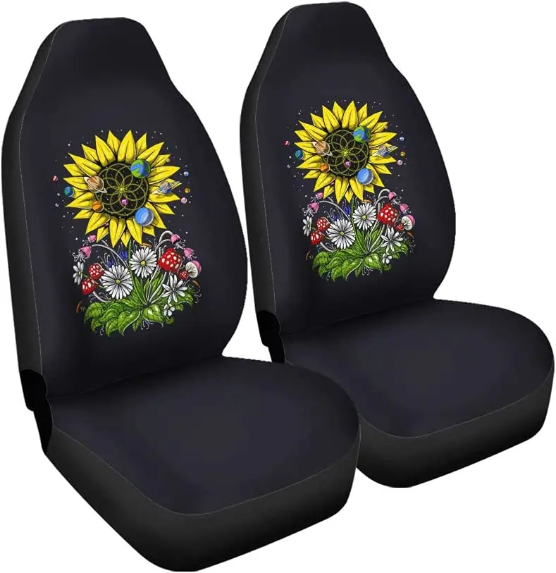 

CHICKYSHIRT Hippie Sunflower Floral Nature Flower of Life Space Planets Magic Mushrooms Front Car Seat Covers, Auto Seat Covers