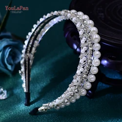 TOPQUEEN Handmade Pearls Hair Hoop Bridal Hair Accessories Rhinestone Bride Headdresses Hair Tiara For Wedding Events HP660