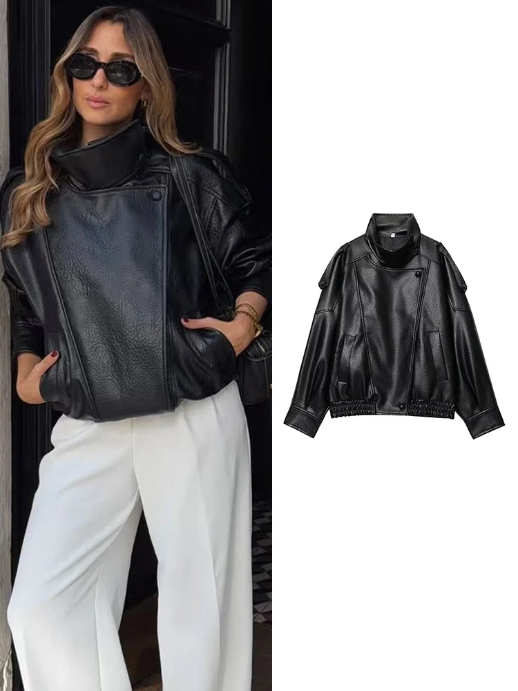 

TFMLN Autumn Winter Women Fashion Leather Jacket Loose Causal PU Faux Leather Jackets Coat Fashion Street Motorcycle Jackets