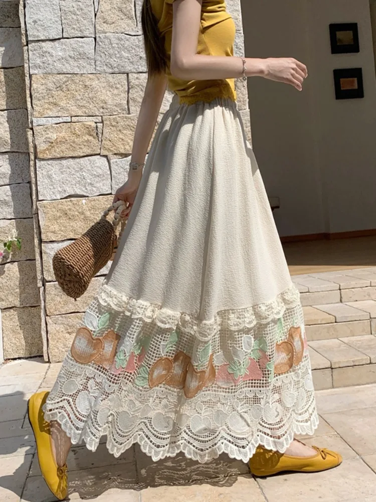 

Elegant Embroidered Lace Skirt Women's Summer Casual High Waist A-Line Long Skirt Korean Style Commute Non-Shrinkage