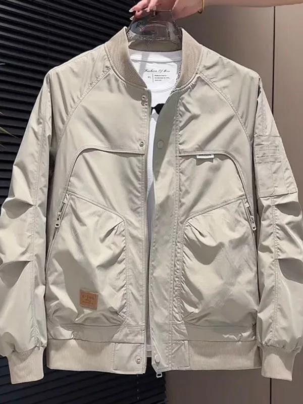 Fall Men's Baseball Style Jacket Versatile Workwear Flight Coat Simple Design Premium Feeling Outerwear Zipper Decoration
