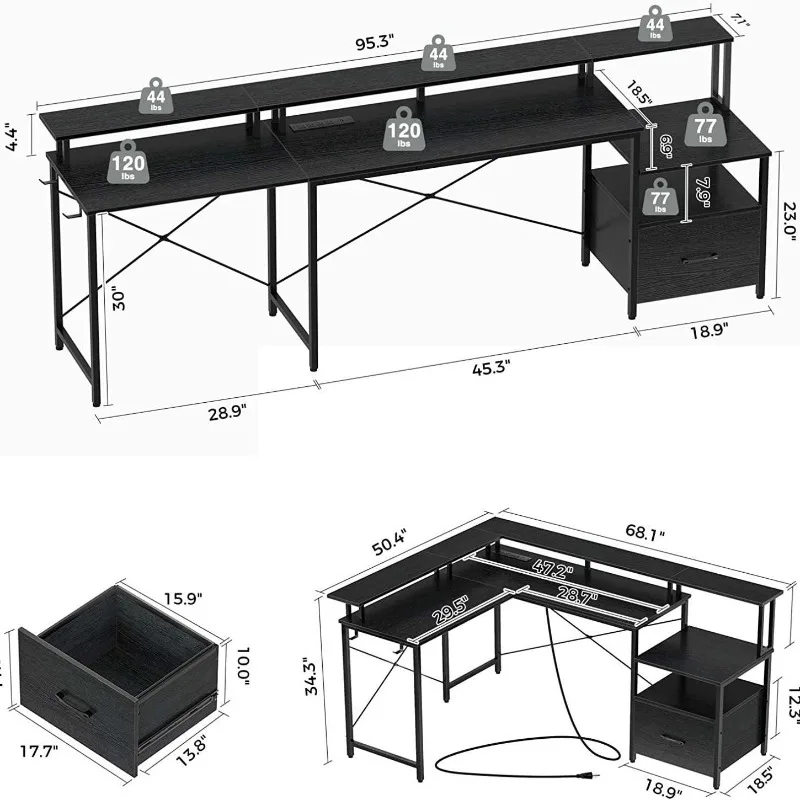 Computer corner table with printer cabinet, monitor LED light strip, file drawer with power plug, for cross-border e-commerce