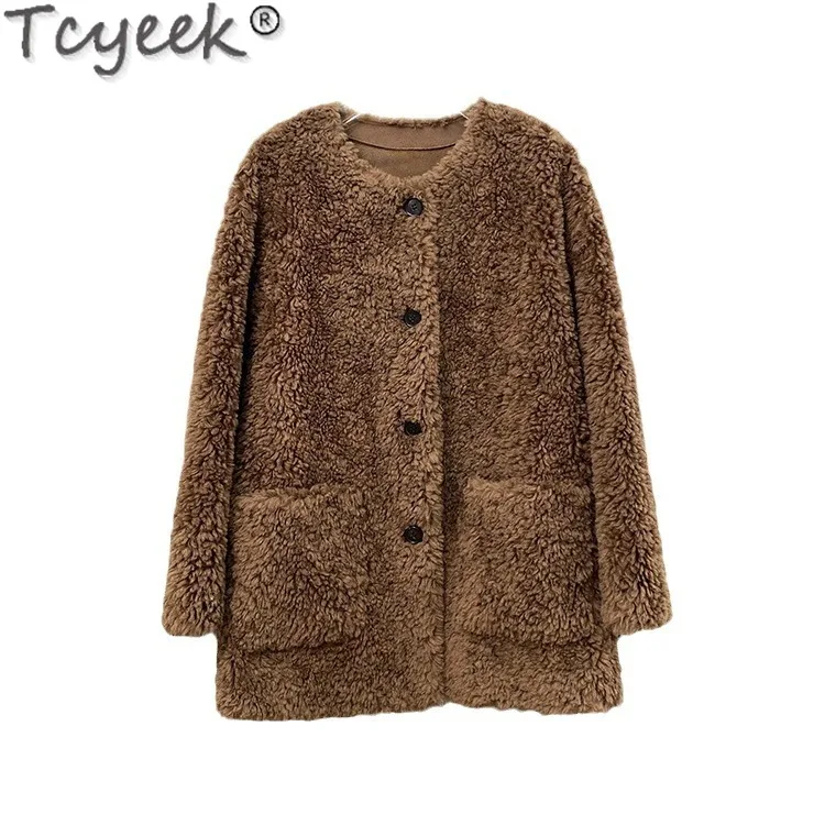 Tcyeek-abrigos de lana de oveja para mujer, chaqueta cálida de longitud media para invierno, 100%