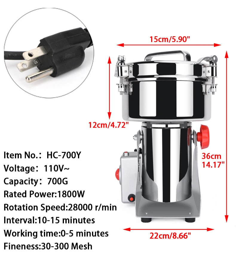 Artudatech 700g Herb Grain Grinder Electric Mill Cereal Machine-High Speed/Durable Life