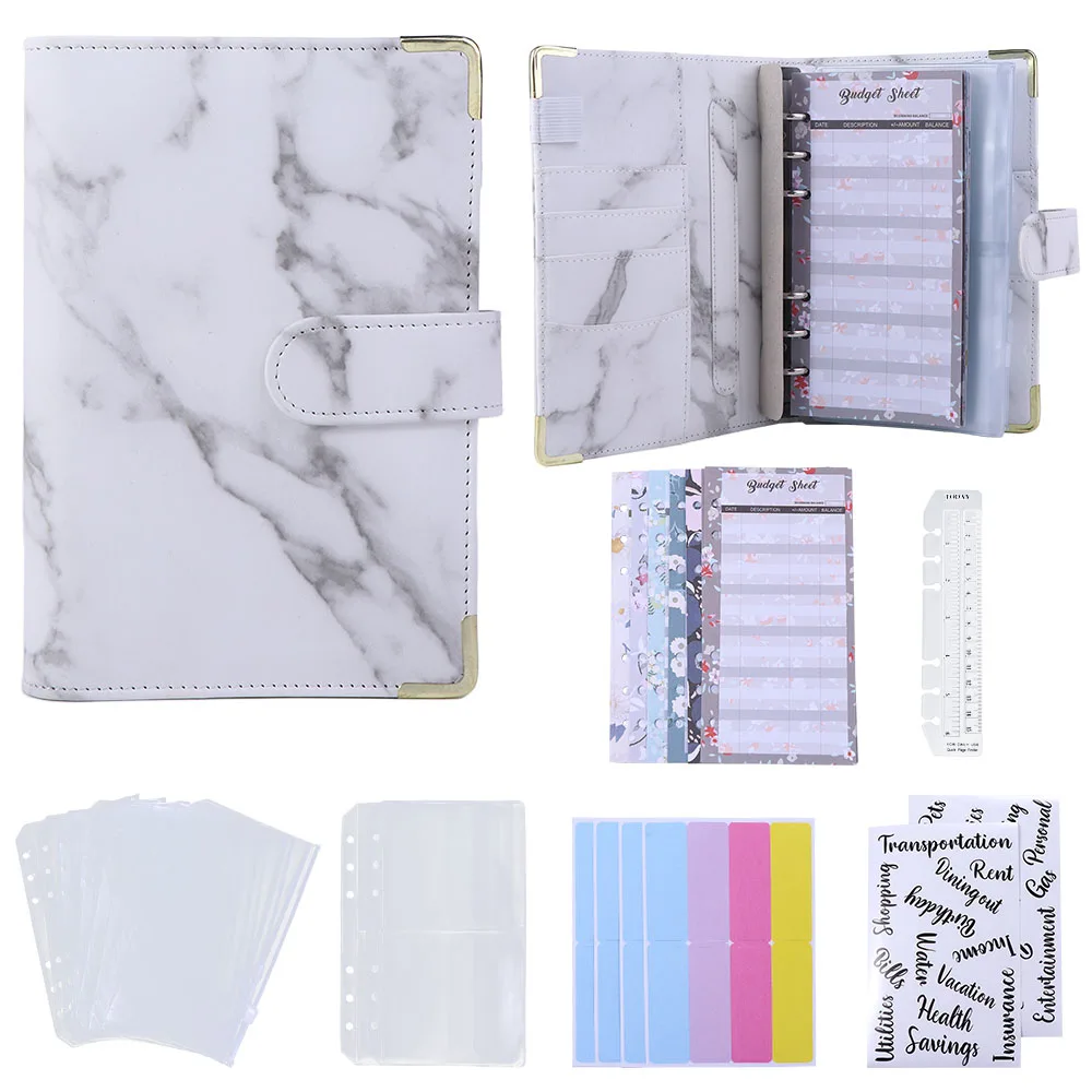 A6 Notebook Budget Planner PU Leather for Budgeting Notebook Binder Marble Budget Binder 6 Ring Binder Marble Notebook