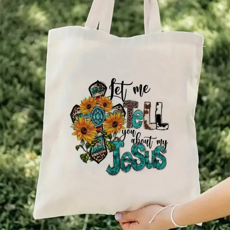 

Western Sunflower Cross Let Me Tell You About Jesus Canvas Tote Bag Religious Print Eco Shoulder Bag for Faith Gift Daily Carry