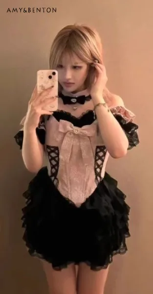 

2025 High-End Design Sweet and Spicy Heavy Craft Lolita Patchwork Off-Shoulder Bow Black Mesh Slim High-Waisted Short Dress