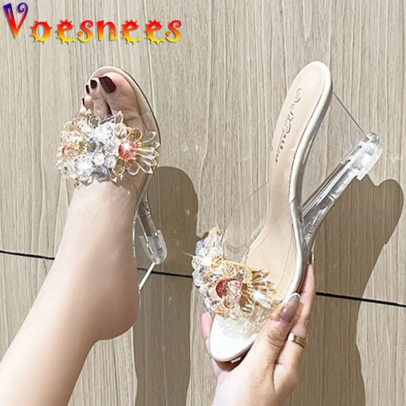 Woman Shoe 8CM Summer Wedge Sandals 2022 Design Color Bead Flower Transparent Heels Women Crystal String Rhinesto Bead Slippers