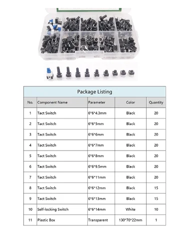 10kinds 180PCS 6*6 Tact Switch Tactile Push Button Switch Kit Height: 4.3MM~13MM DIP 4P Micro Switch 6x6 Key Switch