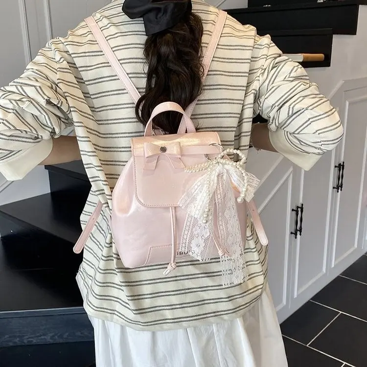 

2026 New Sweet Lolita Style Mini Backpack, Bow & Pearl Lace Tassel, Women's Fashion Versatile Crossbody Shoulder Handbag
