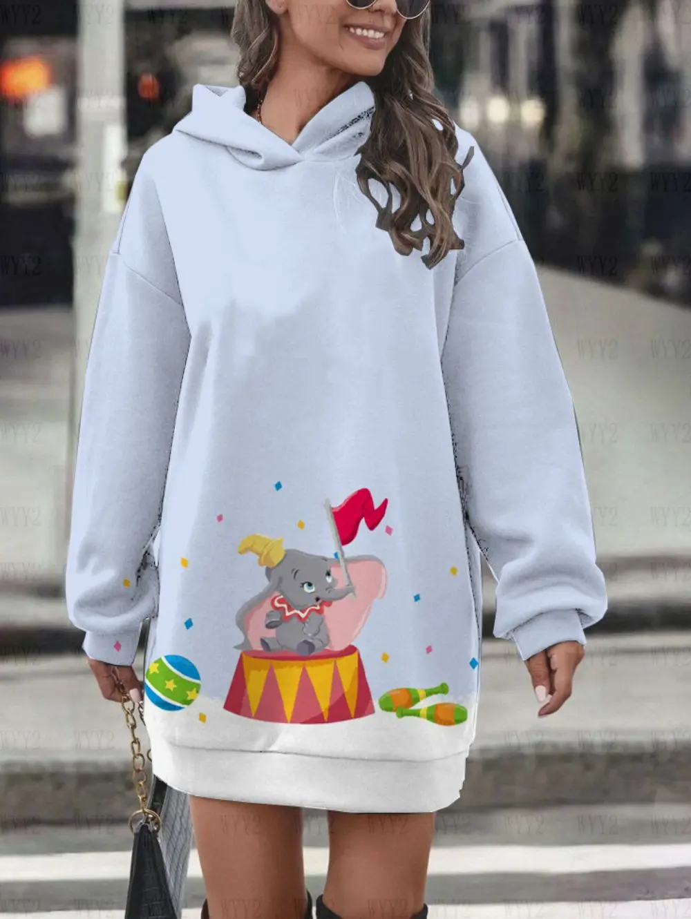 Neues Herbst- und Winter-Langarm-Hoodie-Kleid für Damen, neues Disney Dumbo, süßer Musterdruck, Damen-Street-Casual