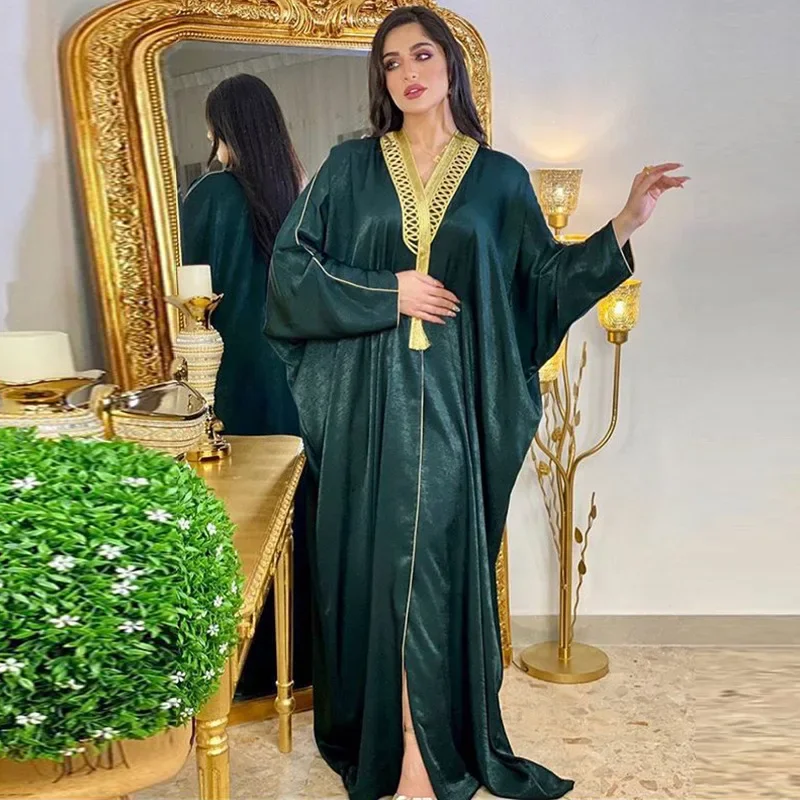 2025 เสื้อผ้าผู้หญิงจัดส่งฟรี Eid Abayas ผู้หญิง Ramadan ชุดซาตินมุสลิมแฟชั่นอเมริกันเสื้อผ้าแขนค้างคาว Robe