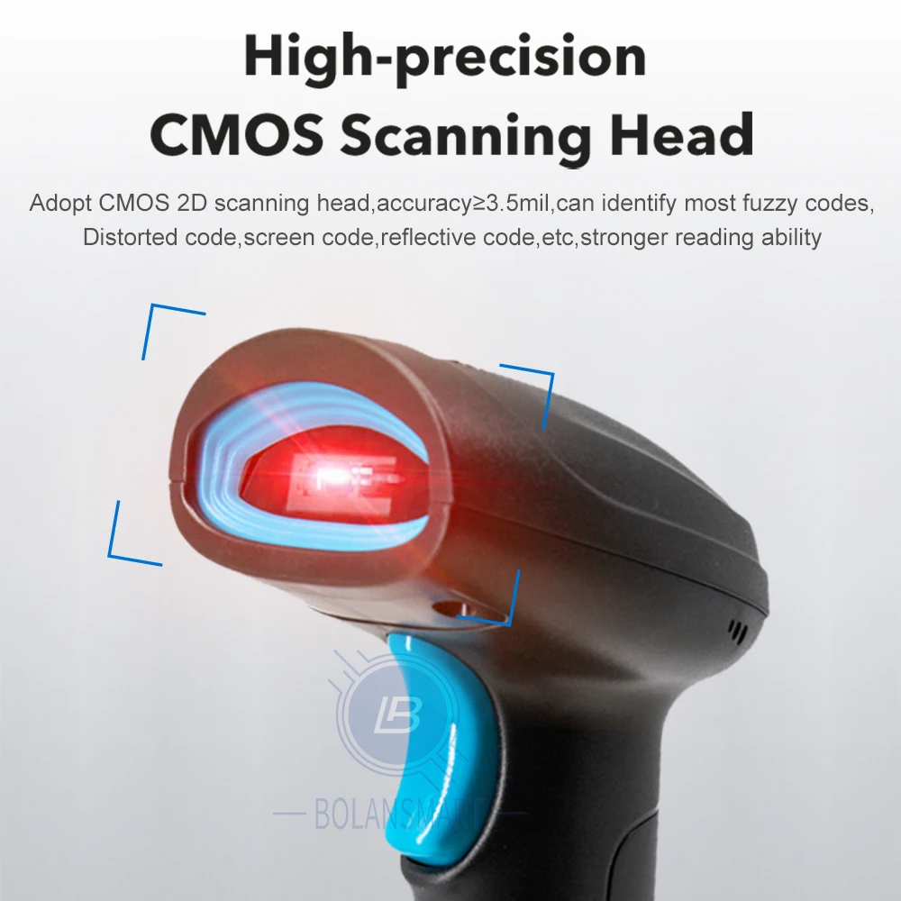 Wired Barcode Scanner sem fio, Bluetooth Bar Code Reader, Omni-Direcional Scanning para Supermercado, Produtos Logística, 1D, 2D