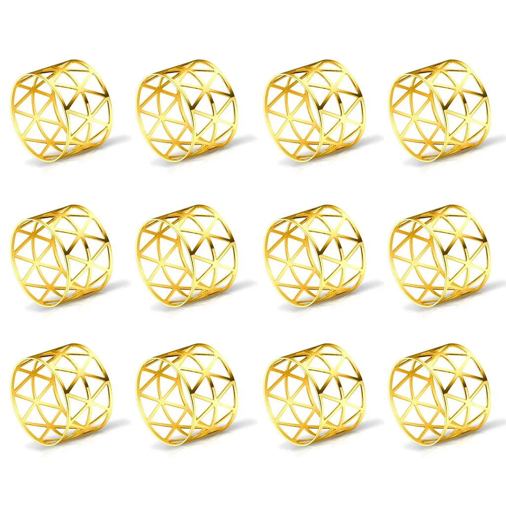 AT84-12 Pcs Of Round Mesh Napkin Ring Holder, Table Set Suitable For Casual Or Formal Occasions And Wedding Parties (Golden)