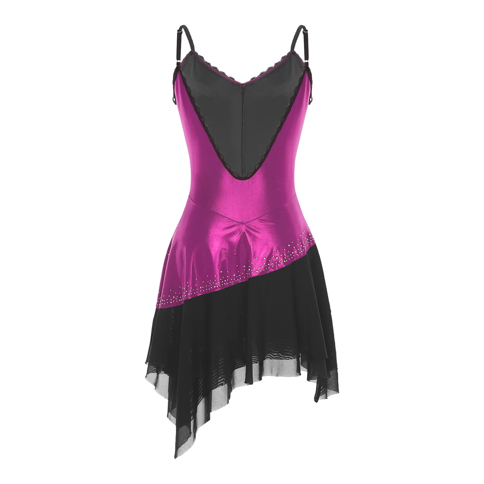 Womens Latin Lyrical Dance Dress Ruched Metallic Shiny Mesh Rhinestones Tiered Hem Contrast Color Sling Dress for Figure Skating