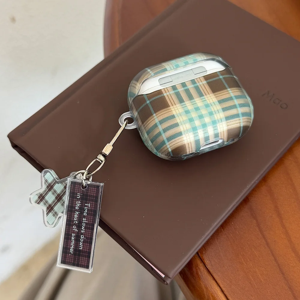 Funda de silicona transparente y suave con diseño de cuadros en tonos verde mate y marrón, compatible con auriculares inalámbricos Bluetooth para AirPods 1, 2, 3, 4, 5, Pro 2 y 3.
