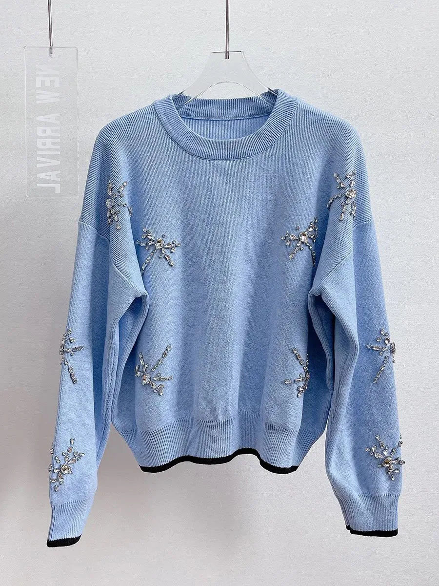 High Quality Women\'s Short Pullover Sweater Female Diamond Beading Warm Thick Winter Knitted Oversized Sweater C-236