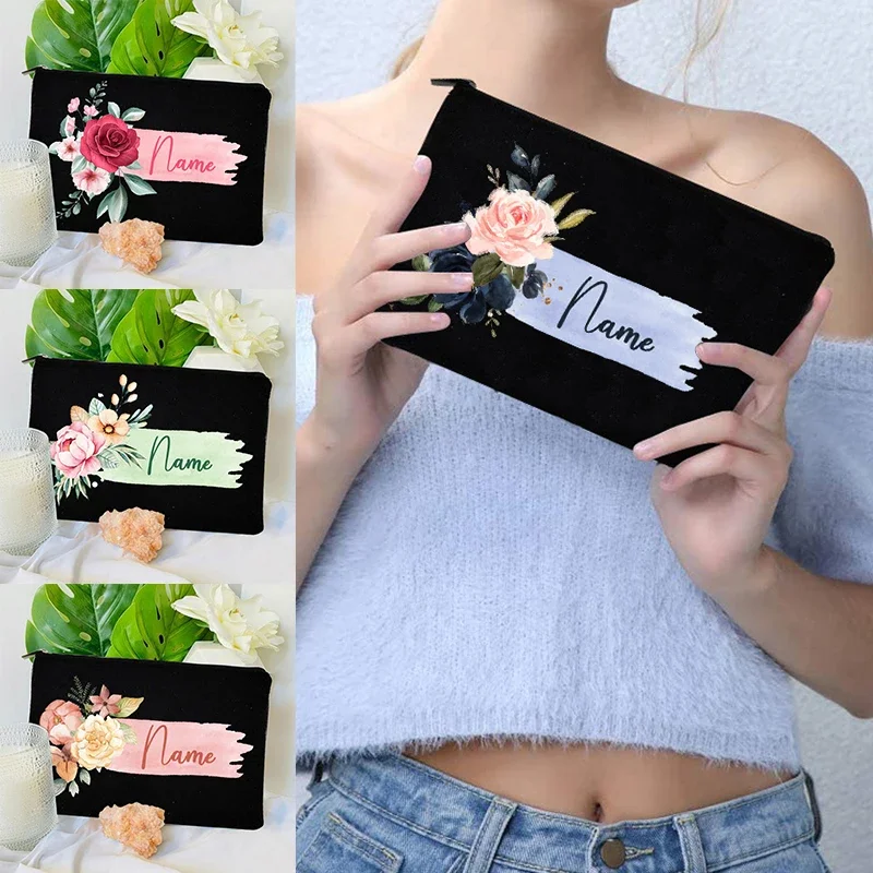 Personalized Women Make Up Zipper Bag Floral Pattern Cosmetic Travel Pouch Wedding Toilet Storage Bag Clutch Gift for Bridesmaid