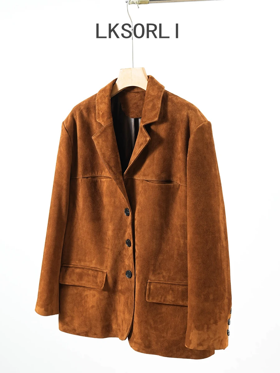 Kid Suede Jas voor Vrouwen High Sense Losse Oversized Echt Lederen Pak Blazer Vrouwelijke Casual Jas Streetwear Single Breasted