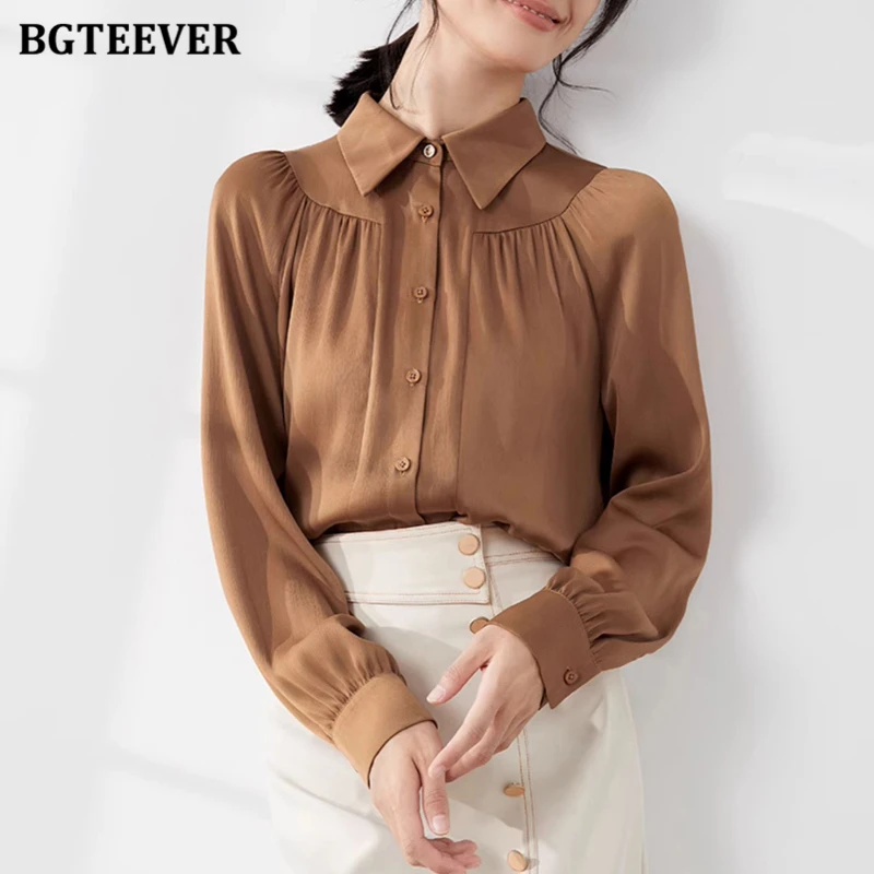 

BGTEEVER Stylish Autumn Loose Women Single-breasted Chiffon Shirts Elegant Long Sleeve Female Lapel Blosues Ladies Solid Tops