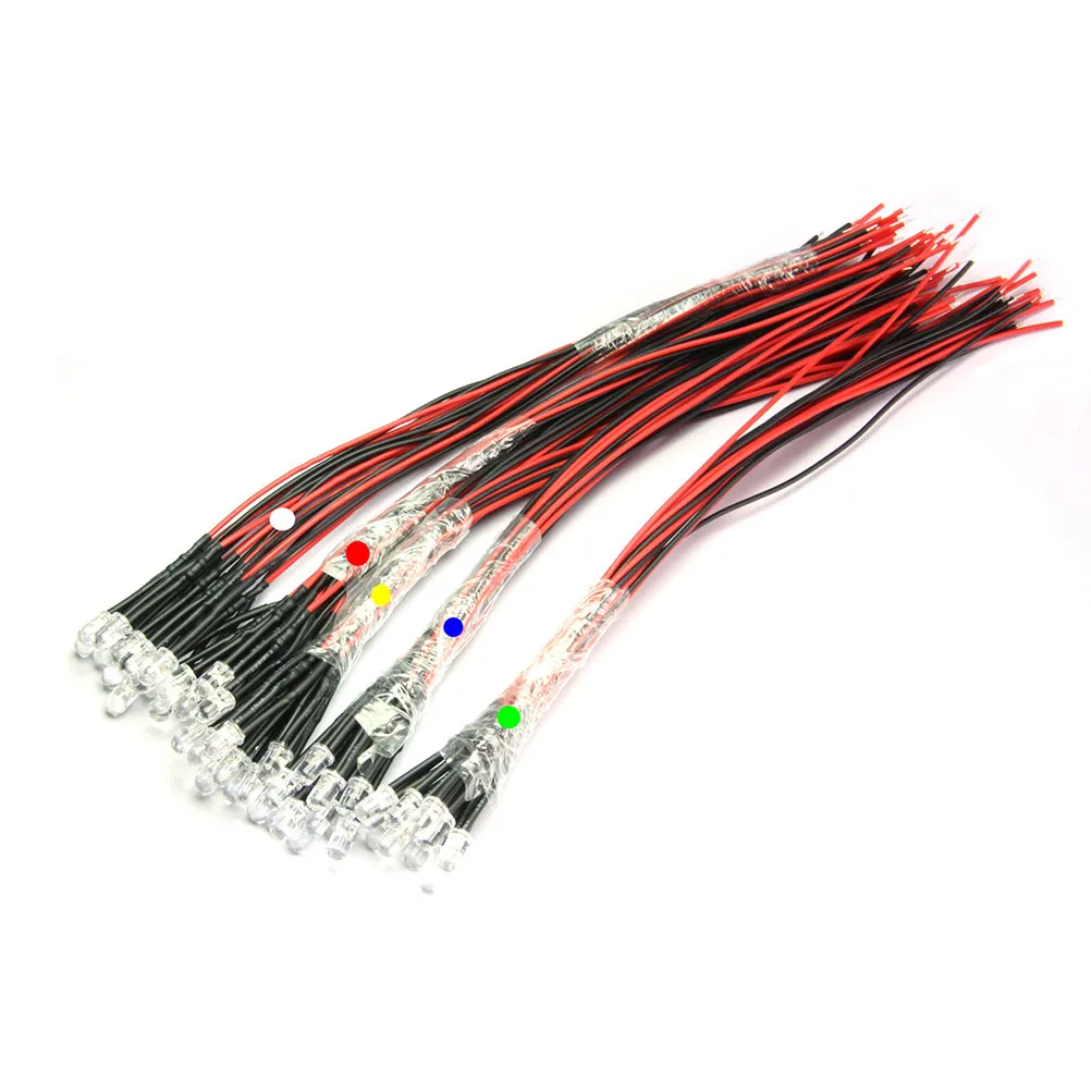 

50 шт. светодиодных лент с гибким кабелем, 5 цветов (белый, красный, зеленый, синий, желтый), 5 мм, 20 см, предварительно подключенные, для автомобиля, лодки, промышленной камеры, DIY