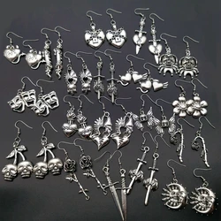 Punk Hip Hop Metal Butterfly Skull Flower Pendant Earrings for Men Women Trendy Rock Cross Sword Heart Flame Earrings Jewelry