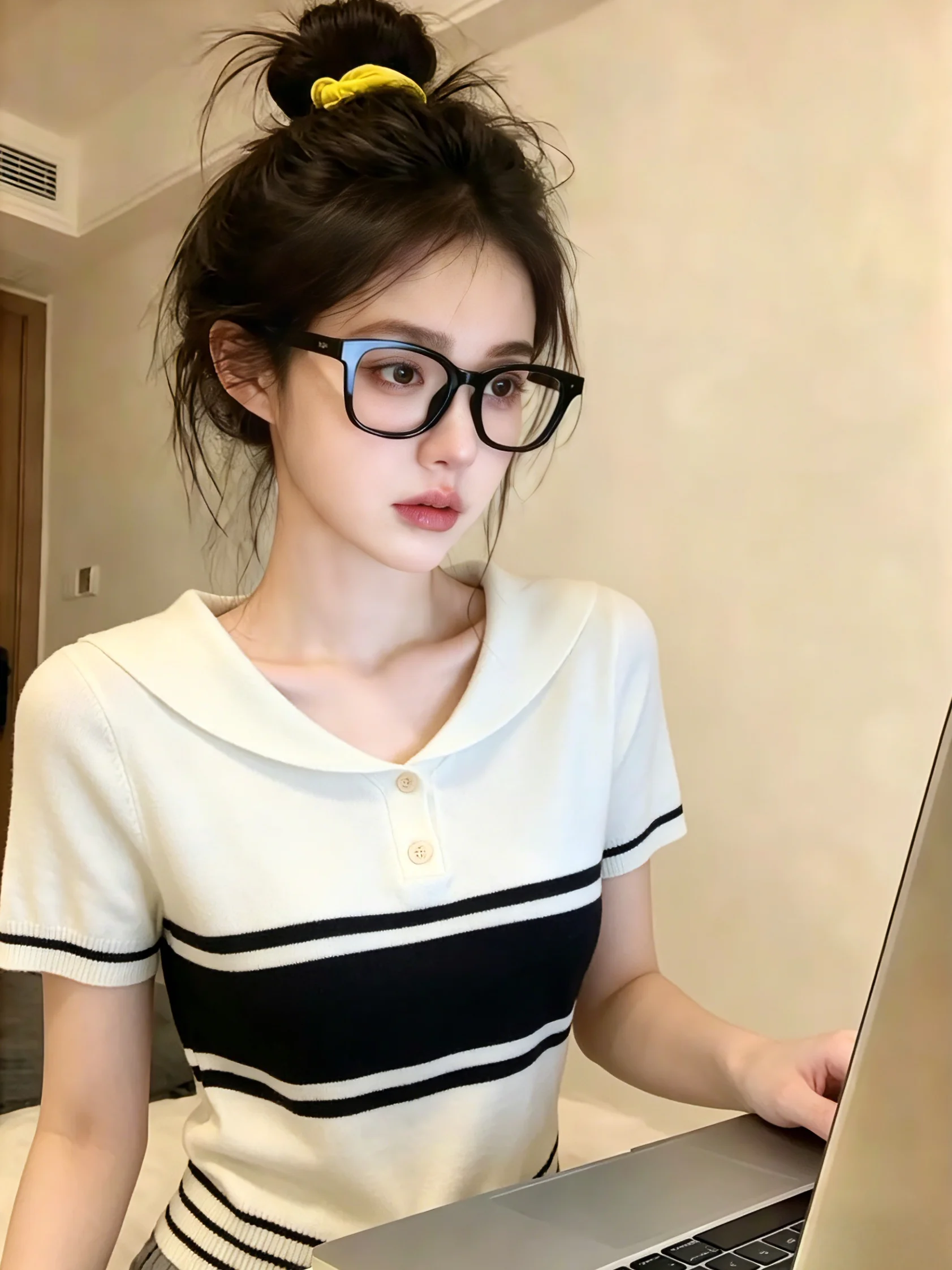 

Summer New Style Women's Knitted Short Sleeve Navy Collar Striped Top Self-Keeping Color Block Lazy Fashion Anti-Aging Shirt