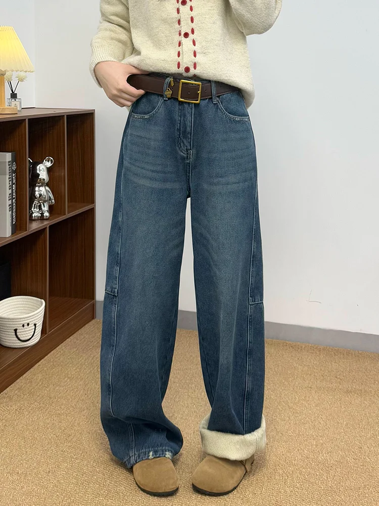 

Джинсы Fce на подкладке, женские зимние джинсы Lazy Sle, прямые брюки, свободные повседневные свободные прямые утягивающие длинные брюки темно-синего цвета