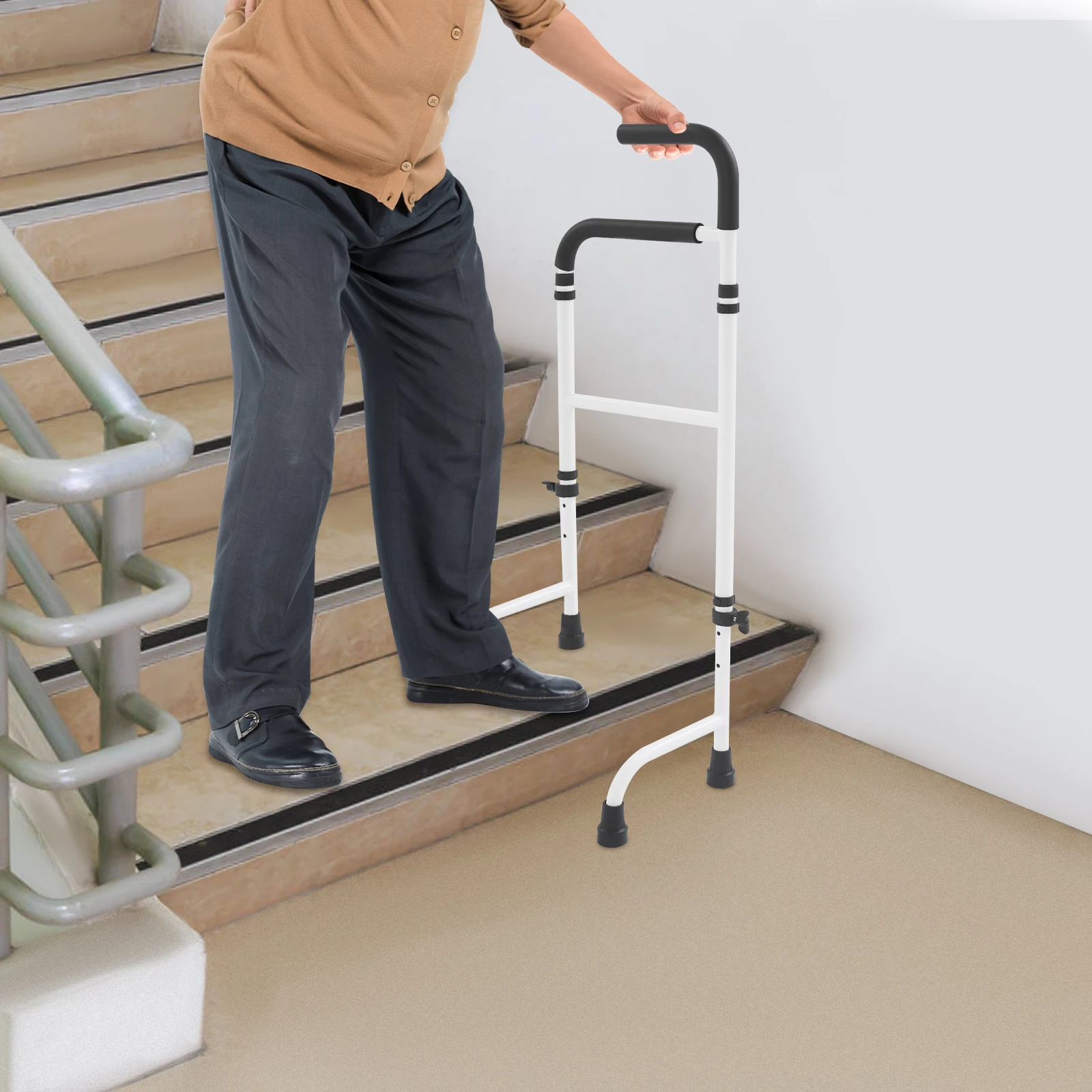 Dual Height Adjustable Stair Climbing Assist Cane, Aluminum Alloy Polyester Sponge TPE 76-117cm 136kg Freestanding Elderly Mobility Accessories, 6 Gear Adjust Knob Ergonomic Soft Handle Anti-slip Stable Foot Caps