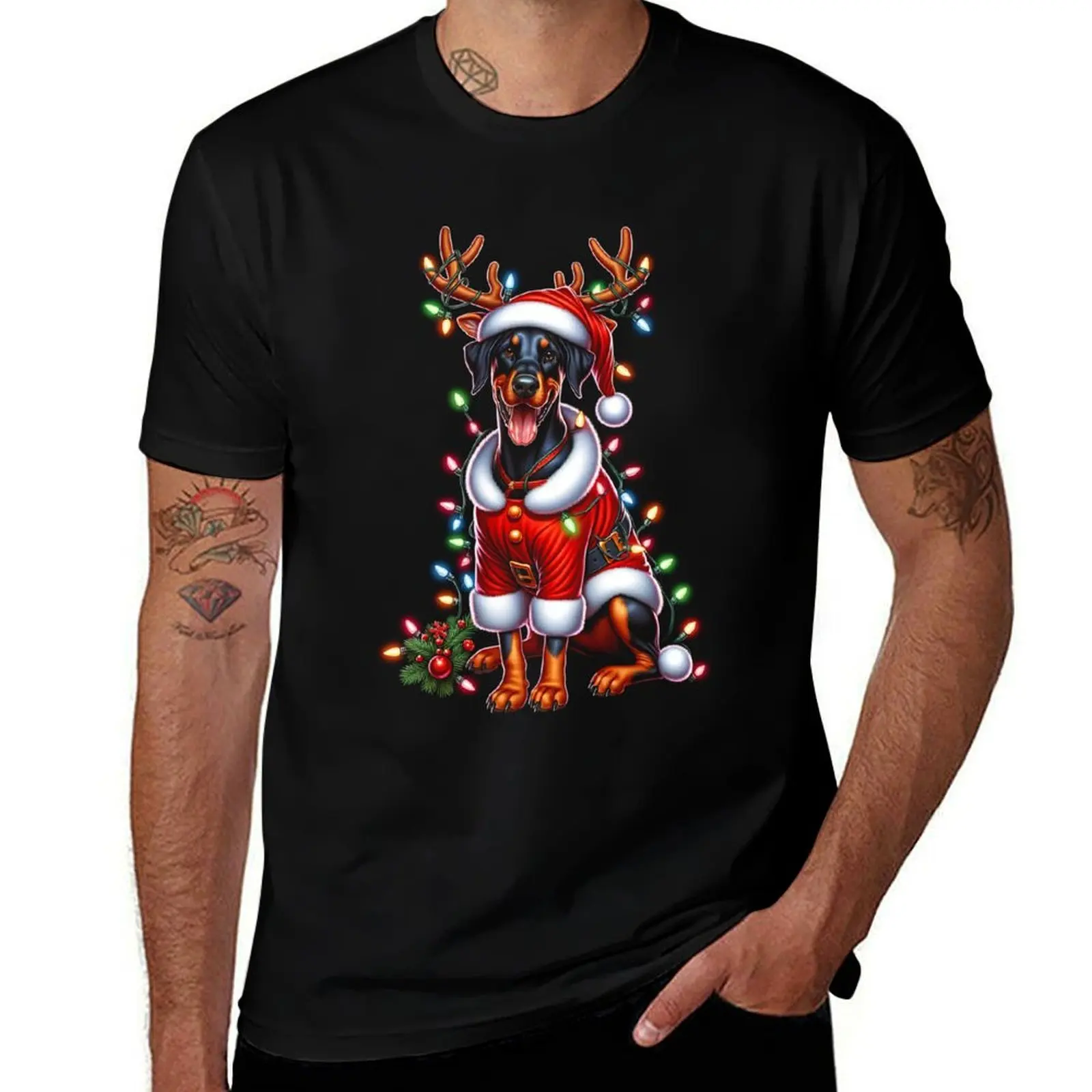 Doberman Dog Reindeer Christmas Light Vintage Ugly Sweater Santa's Hat Xmas T-Shirt man t shirt cotton T-Shirt