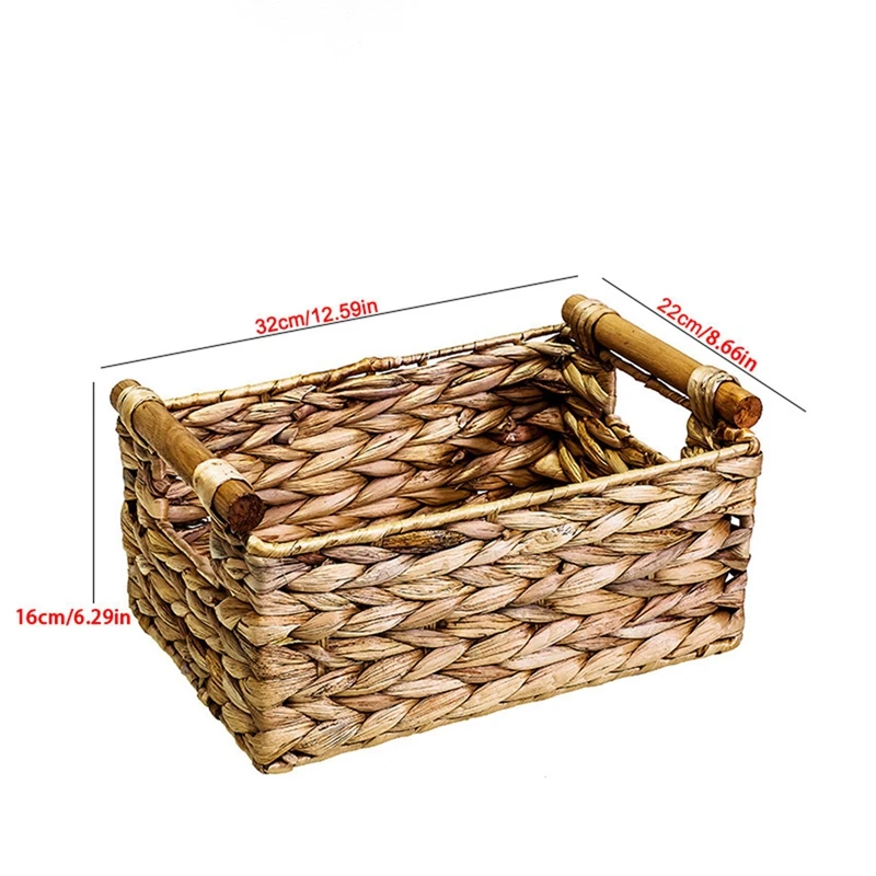 2X Wicker Basket Rectangular With Wooden Handles For Shelves,Water Hyacinth Basket Storage,Natural Baskets B