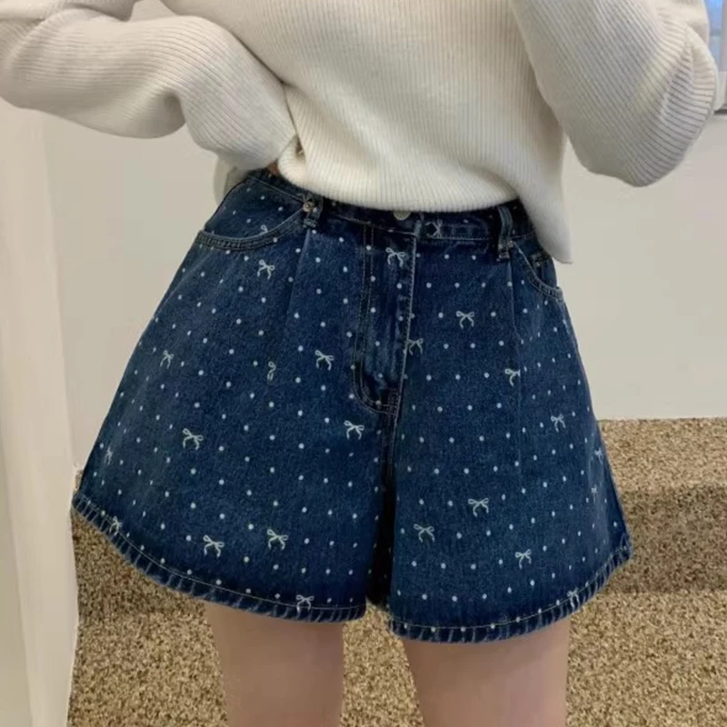 بنطلون جينز نسائي صيفي أنيق مطبوع عليه نقاط البولكا بخصر عالٍ وواسع الساق شورتات جينز نسائية بعقدة على شكل فراشة ملابس متعددة... #2