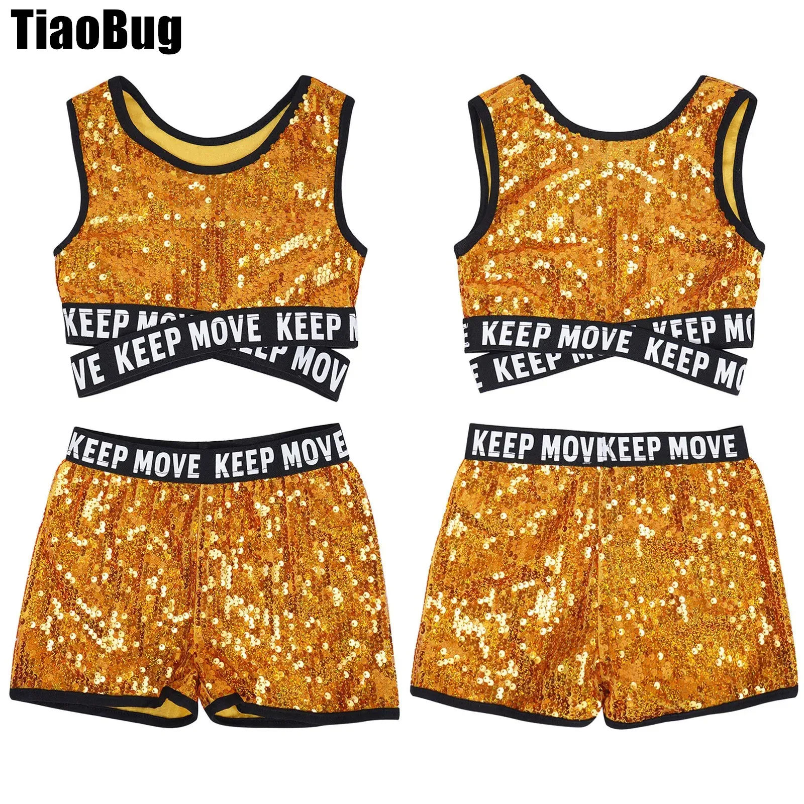 

Kids Girls Sequins Dance Set Sleeveless Round Neckline Criss Cross Straps Bottom Crop Top with Elastic Waistband Shorts