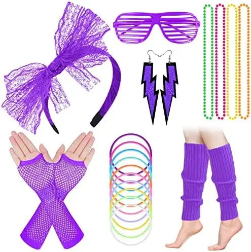 PESENAR 80s Women\'s Costume Outfit Accessories Set 80s Fancy Dress Neon Headband Earrings Fishnet Gloves Necklace for 80s Party