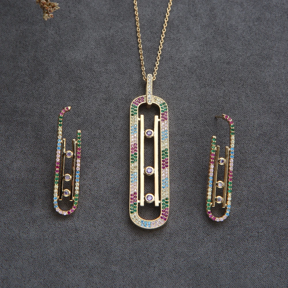 Luxury Geometry Link Stackable Pendant Necklace Earring ring set Beautiful Full Cubic Zircon Charm Women  Jewelry Gift e9361