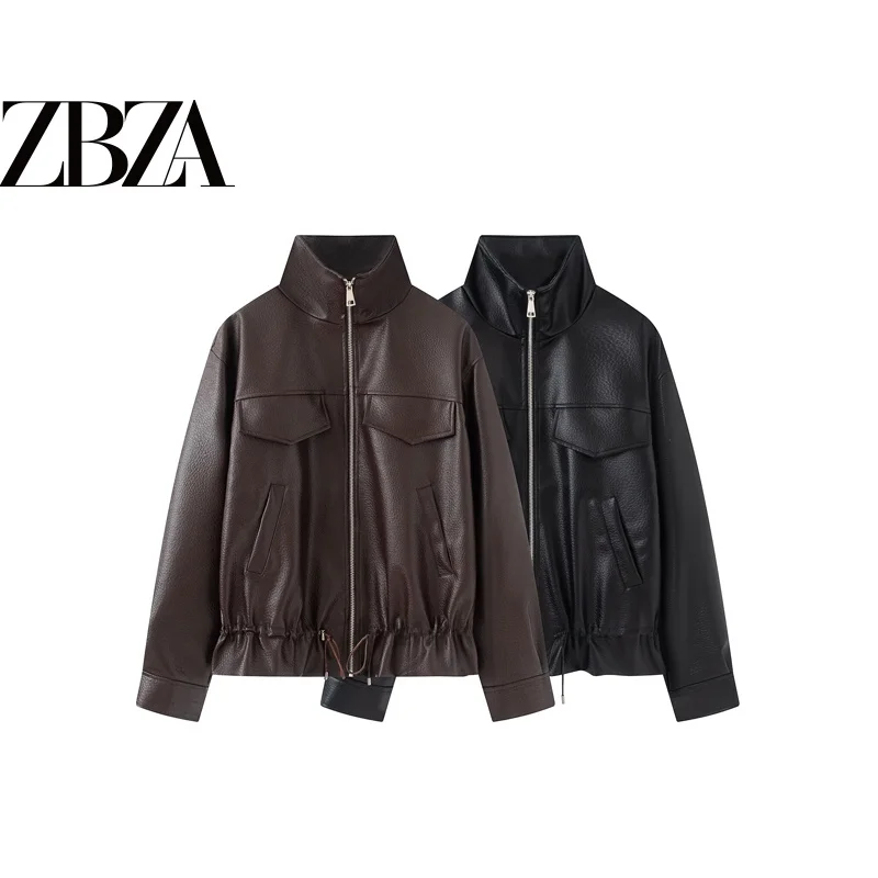 Fashionable Versatile Stand Collar Retro Motorcycle Style Lychee Skin Texture Short Coat for Women Polyester Standard Fit Zipper