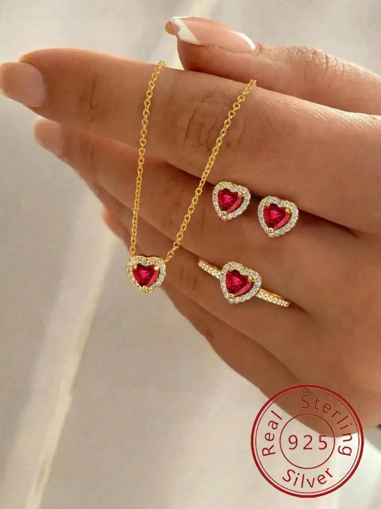 

925 Sterling Silver Fashion Shiny Colourful Love Heart Ring Necklace Earring Set for Women Anniversary High Quality Fine Jewelry