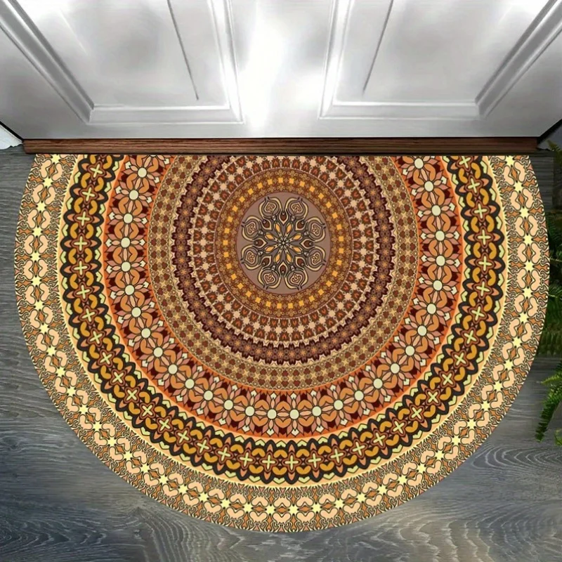 Retro Earth Tone Multi Layer Floral Mandala Border Non Slip Half Round Doormat Bohemian Farmhouse Porch Semicircle Floor Carpet