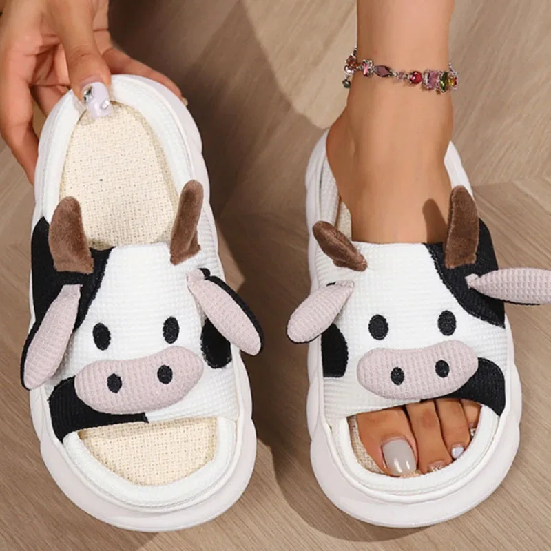 Family home platform slipper cartoon cow trampling shit feeling ladies dormitory four seasons linen slipper man