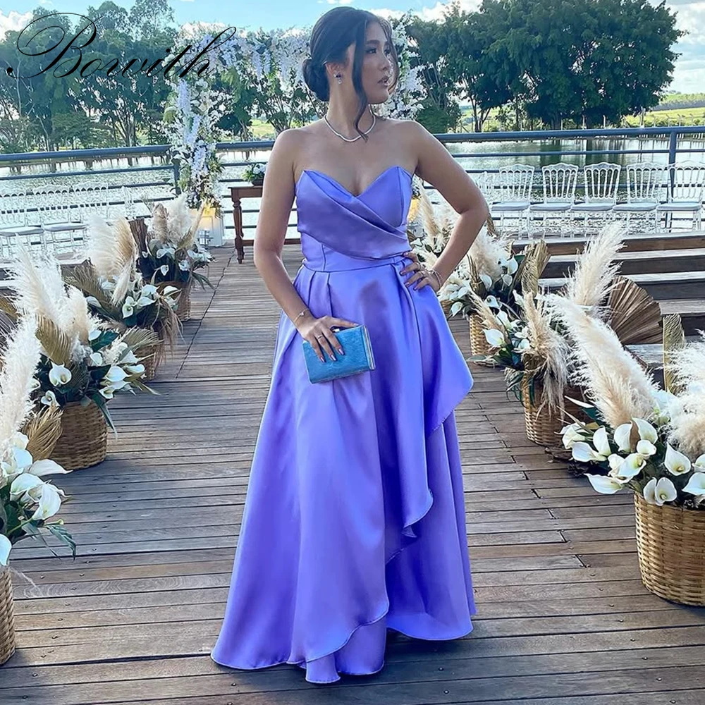 

Bowith Purple Satin Evening Dresses Strapless Simple Prom Dresses Customized Floor-Length Women Party Dresses vestidos de fiesta