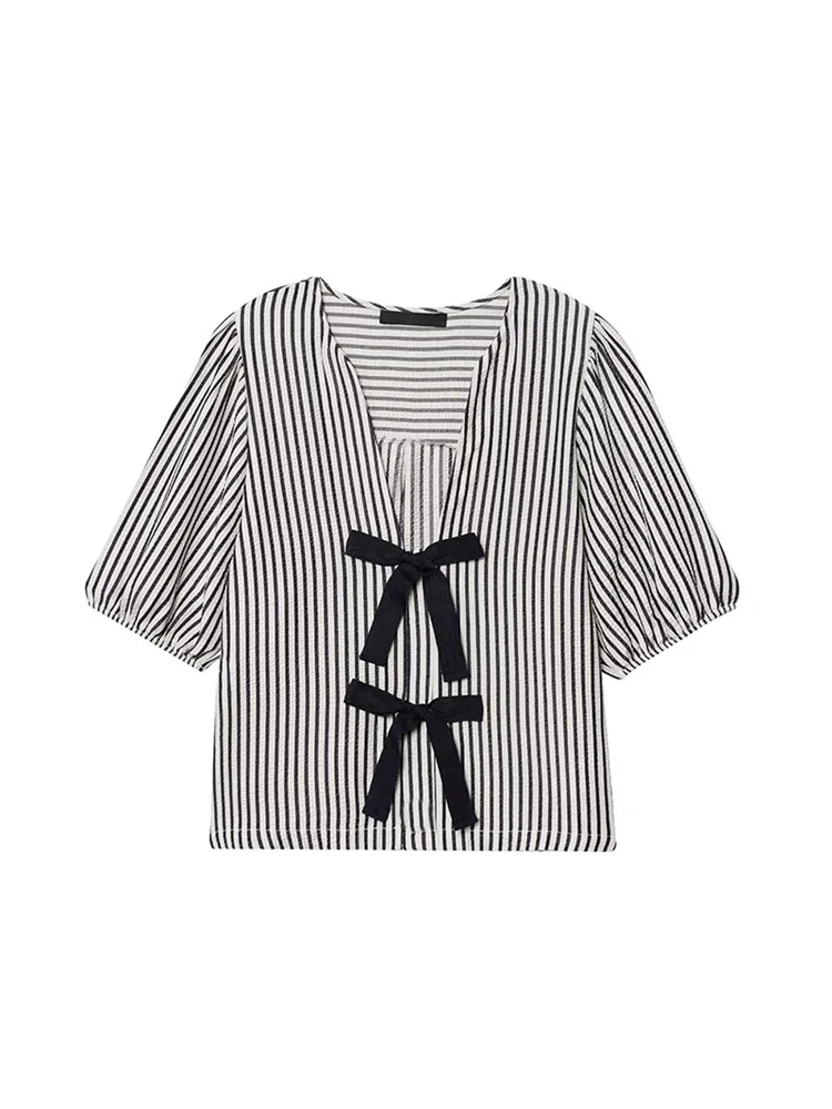 

Women Striped Blouse With Ties Summer Short Puff Sleeves Female V Neck Shirts Casual Elastic Cuffs Women's Shirts Blouses