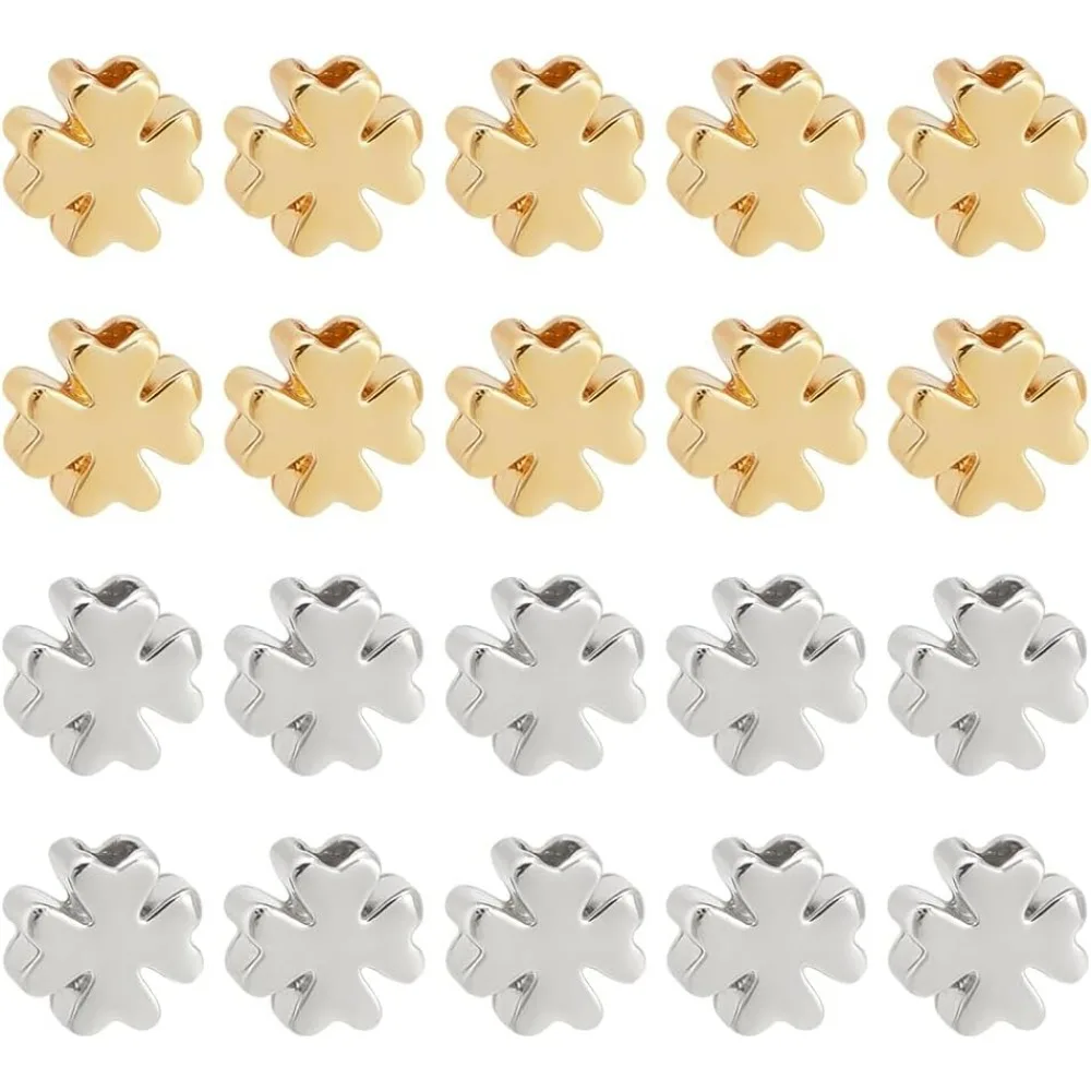 60 PCS Real 18k Gold Brass Clover Shape Spacer Beads, Four Leaf Clover Loose Spacer Beads,Platinum and Gold Brass Beads