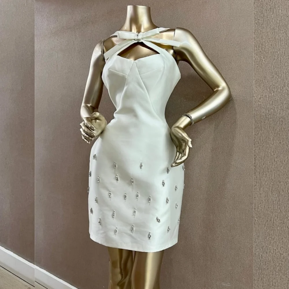 

Customized Fashion Charmeuse Sequined Bow A-line Halter Mini Dresses Bespoke Occasion Chinese Style Sexy