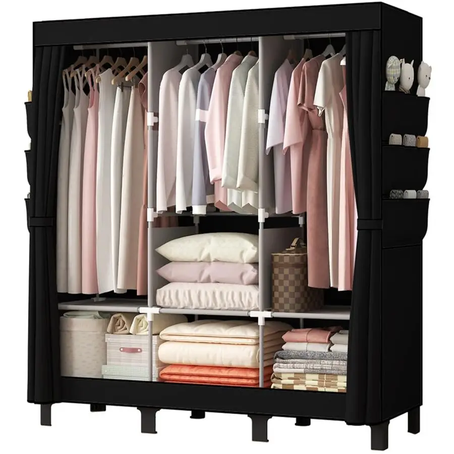

Portable Closet, Clothes Storage Box, Simple Wardrobe for Hanging Clothes, Multiple Shelves and 3 booms,6 Side Pockets Black u2