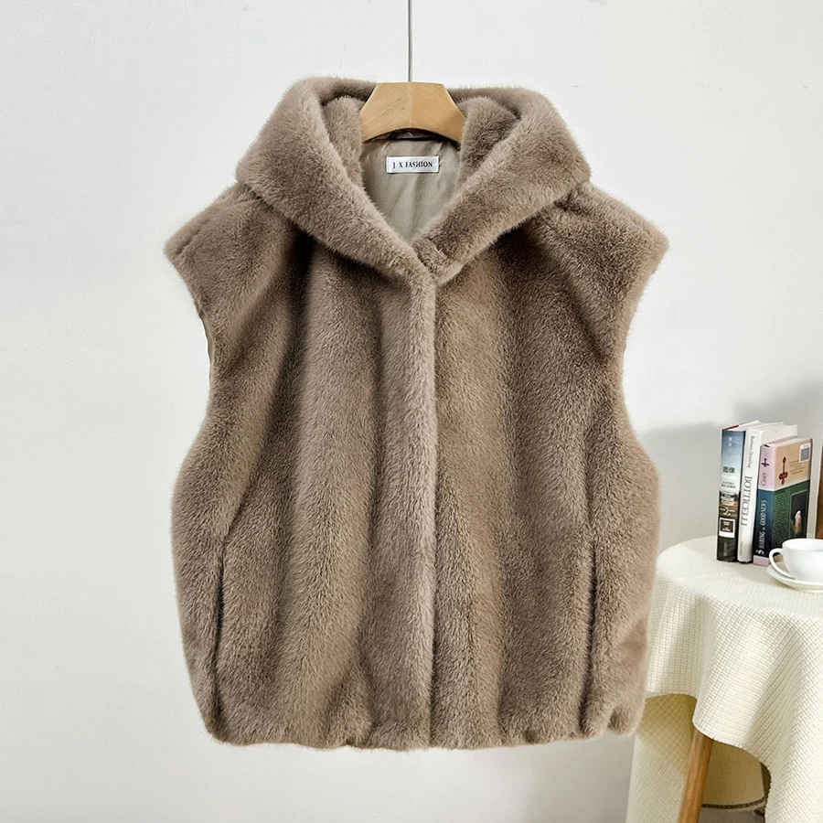 Fashion Hooded Fur Vest Autumn Winter Outerwear Casual Sleeveless Jacket with Pocket Short Coat Women Faux Mink Fur Waistcoat