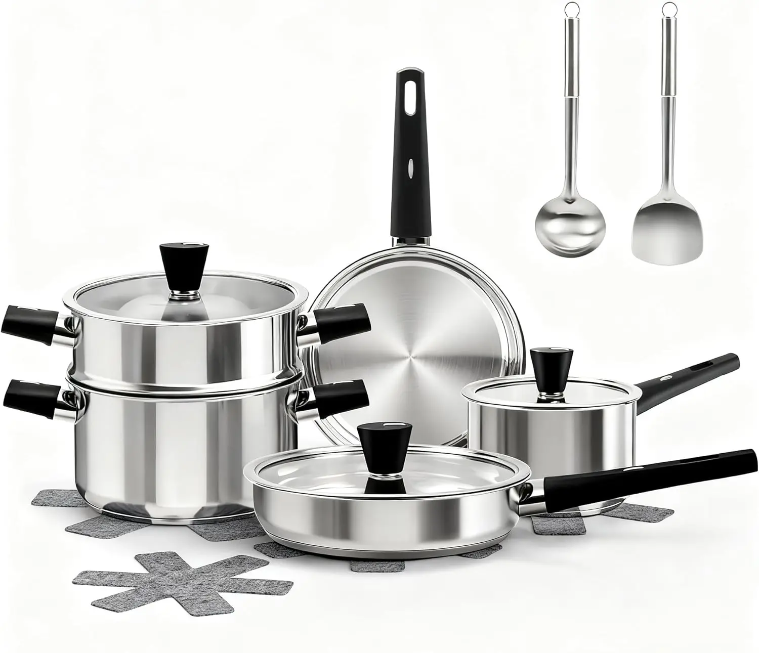 

14-Piece Stainless Steel Cookware Set, Non-Toxic, Induction Compatible with Stay-Cool Handles
