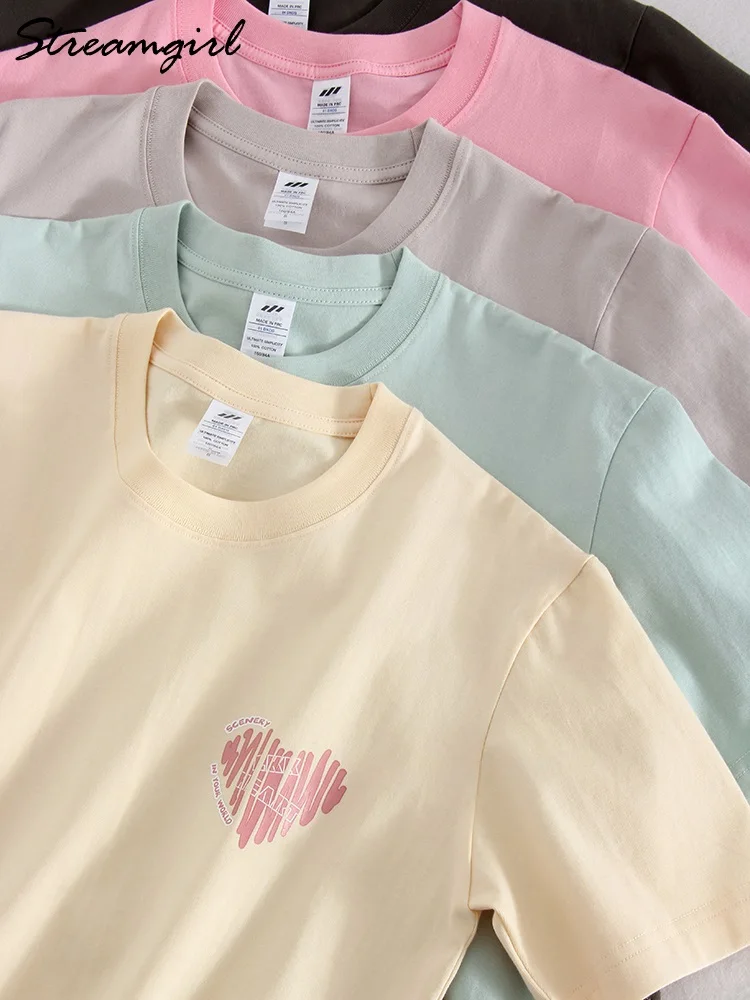 Streamgirl Cotton 100% T Shirt For Women Basic Pink Heart Print Cotton Top Summer Ladies Short Sleeve Couple T Shirt For Lovers
